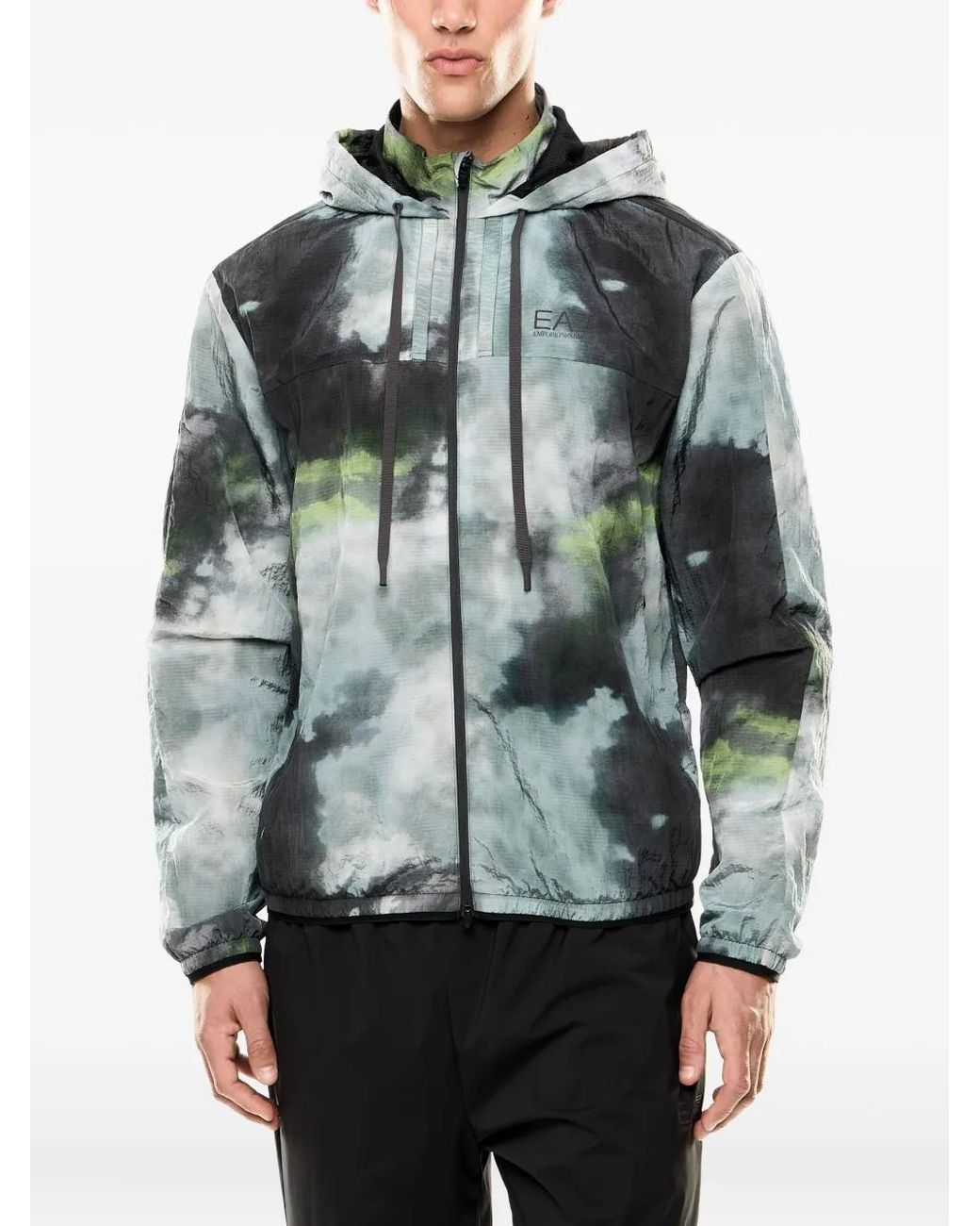 EA7 Green Abstract-Print Hooded Jacket for men