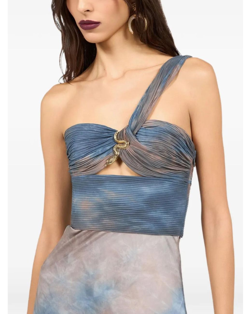 Roberto Cavalli Blue Snake-Plaque One-Shoulder Maxi Dress
