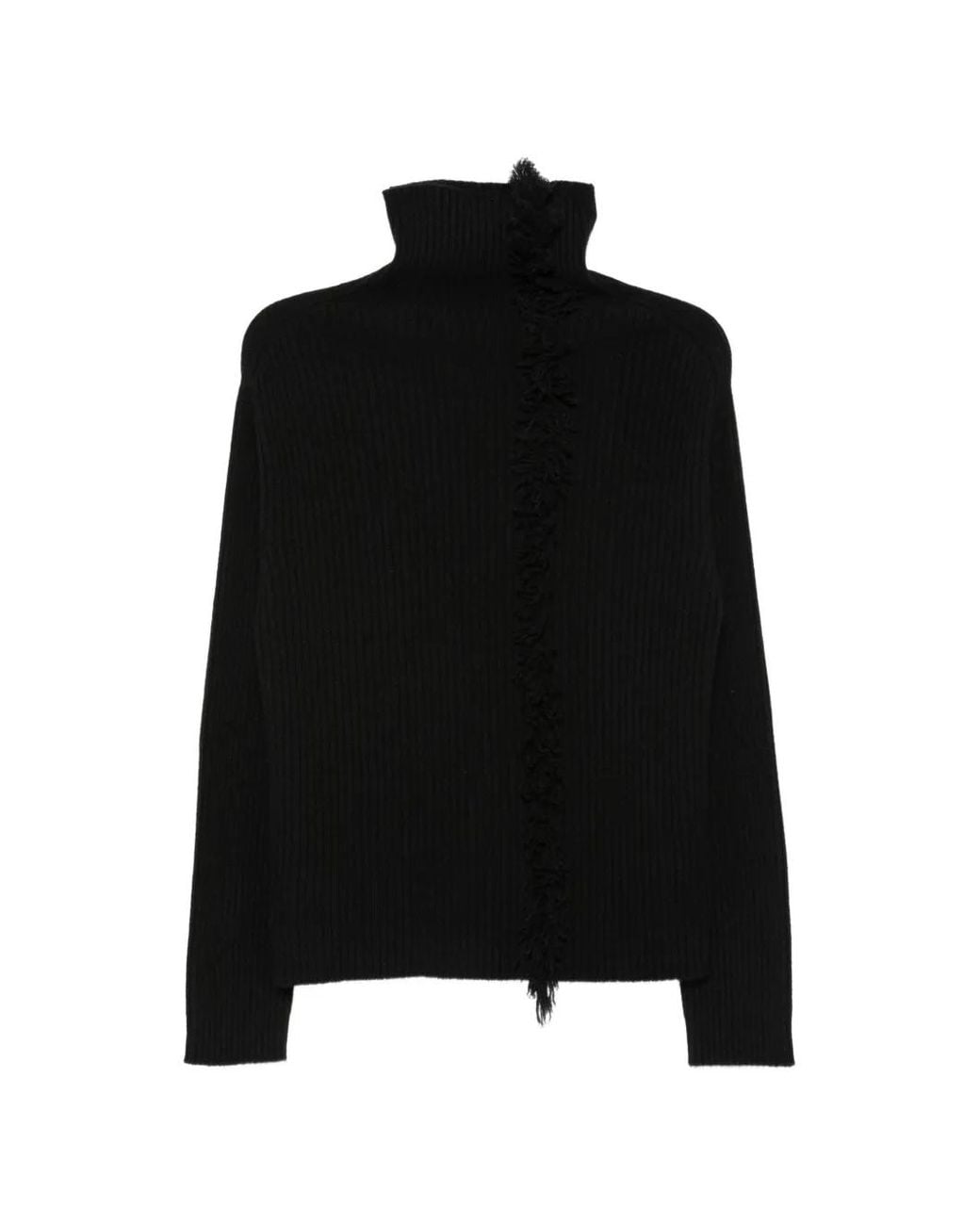 Uma Wang Black Fringed Ribbed-Knit Sweater