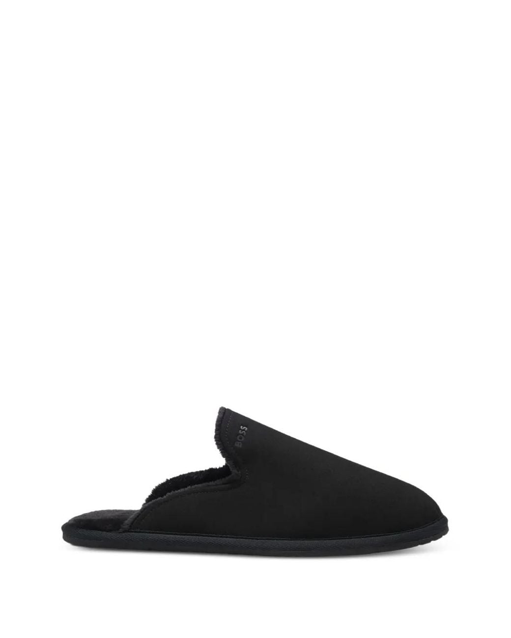 Boss Black Shearling-Lined Slip-On Slippers With Logo Detail for men
