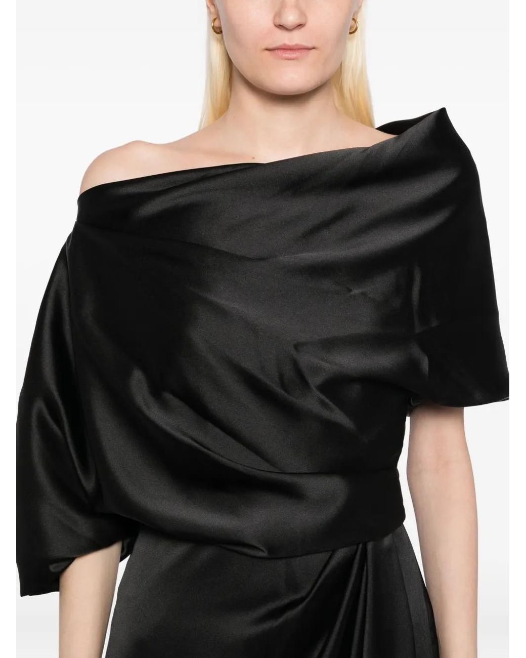 Amsale Black Satin Off-Shoulder Gown