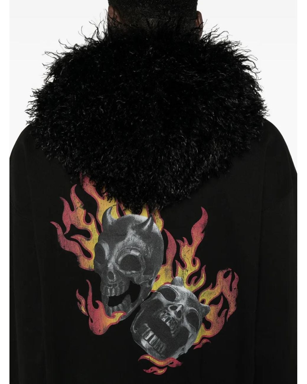 THUG CLUB Black Faux-Fur Trim Graphic-Print Hoodie for men