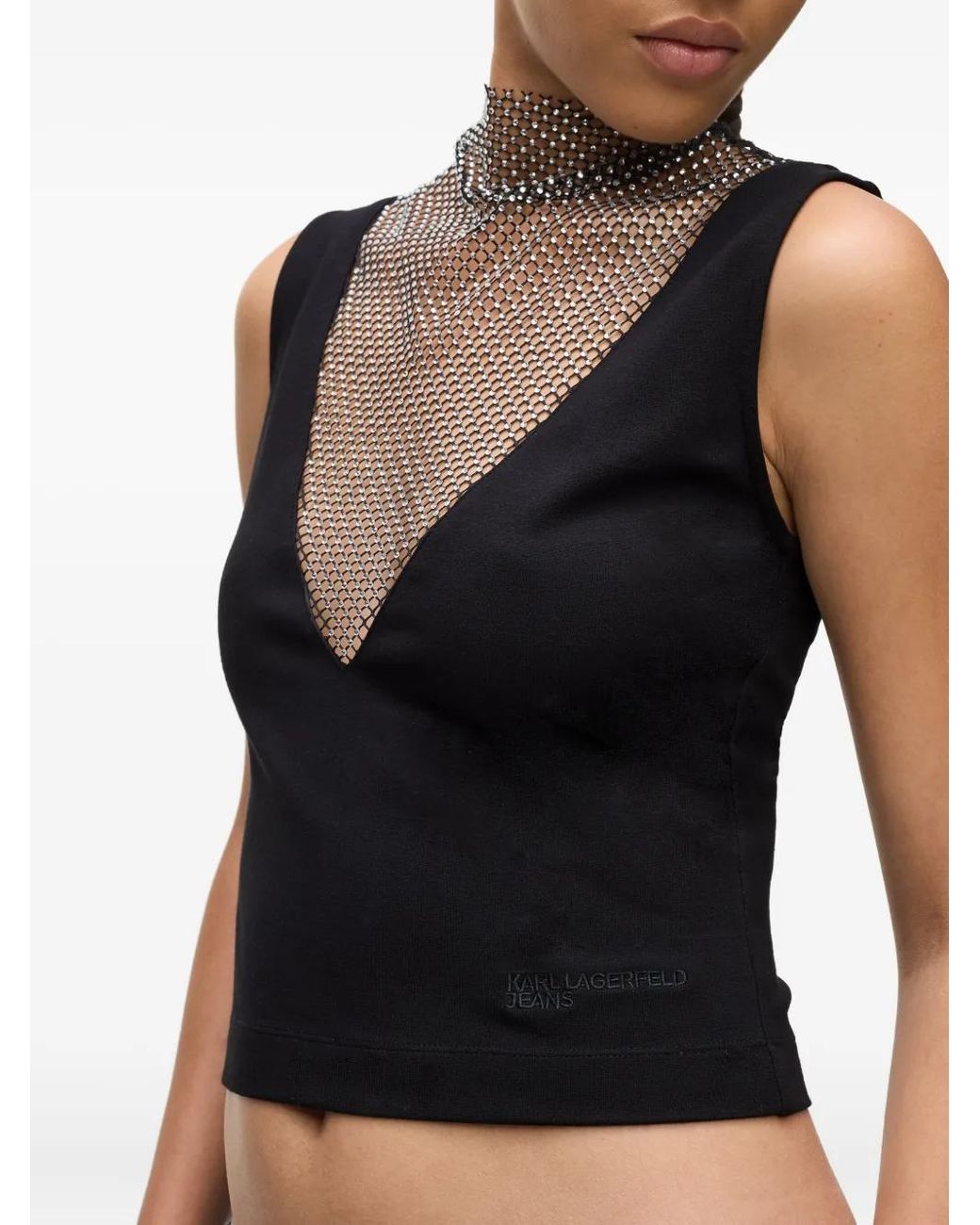 Karl Lagerfeld Black Chainmail-Detail High-Neck Top