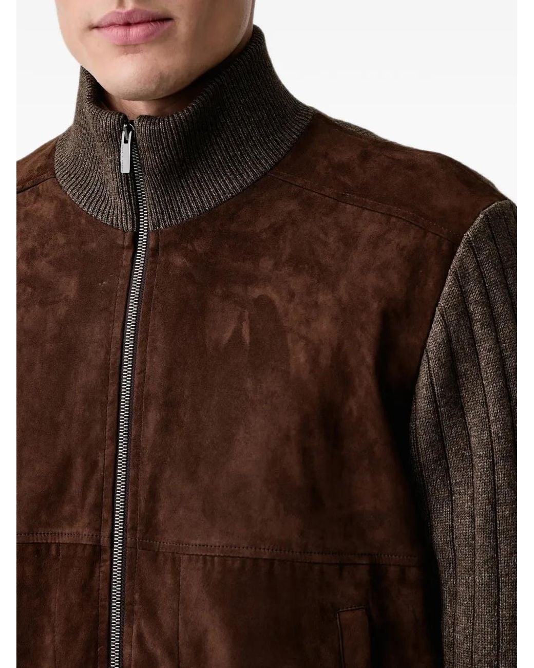 Paul & Shark Brown Suede-Panelled Ribbed-Knit Jacket for men