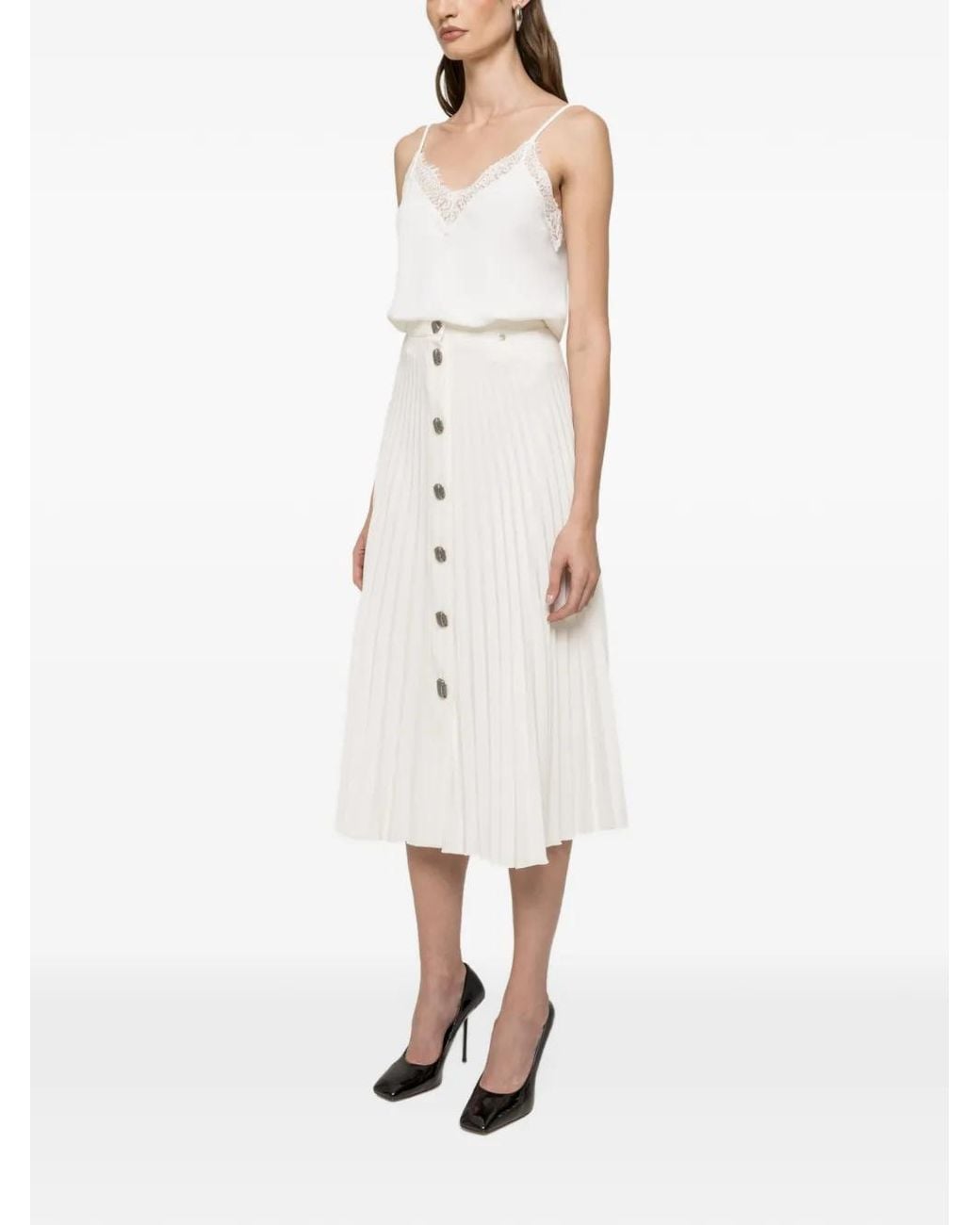 Nissa White High-Waisted Pleated Midi Skirt