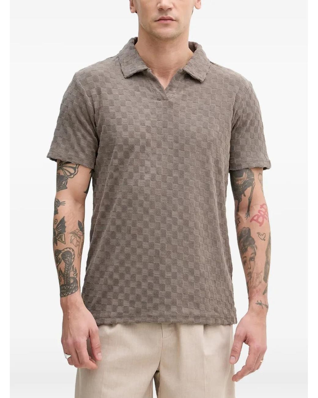 Lindbergh Gray Check-Pattern Towelling Polo-Collar T-Shirt for men
