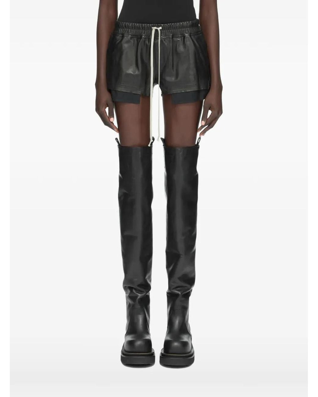 Rick Owens Black Drawstring Layered Leather Shorts
