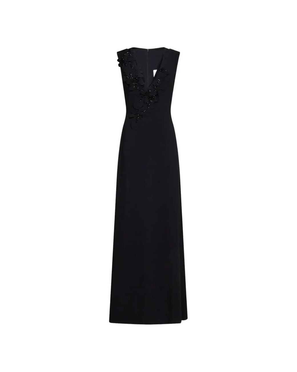 Costarellos Black Floral-Appliqué Bead-Embroidered Gown