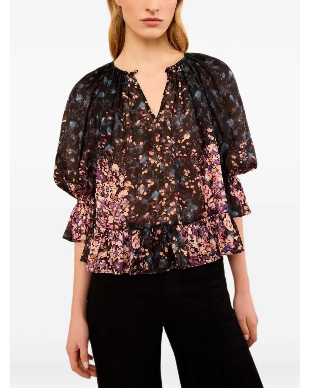 Ulla Johnson Black Blouse Volantée À Fleurs En Jacquard Elise