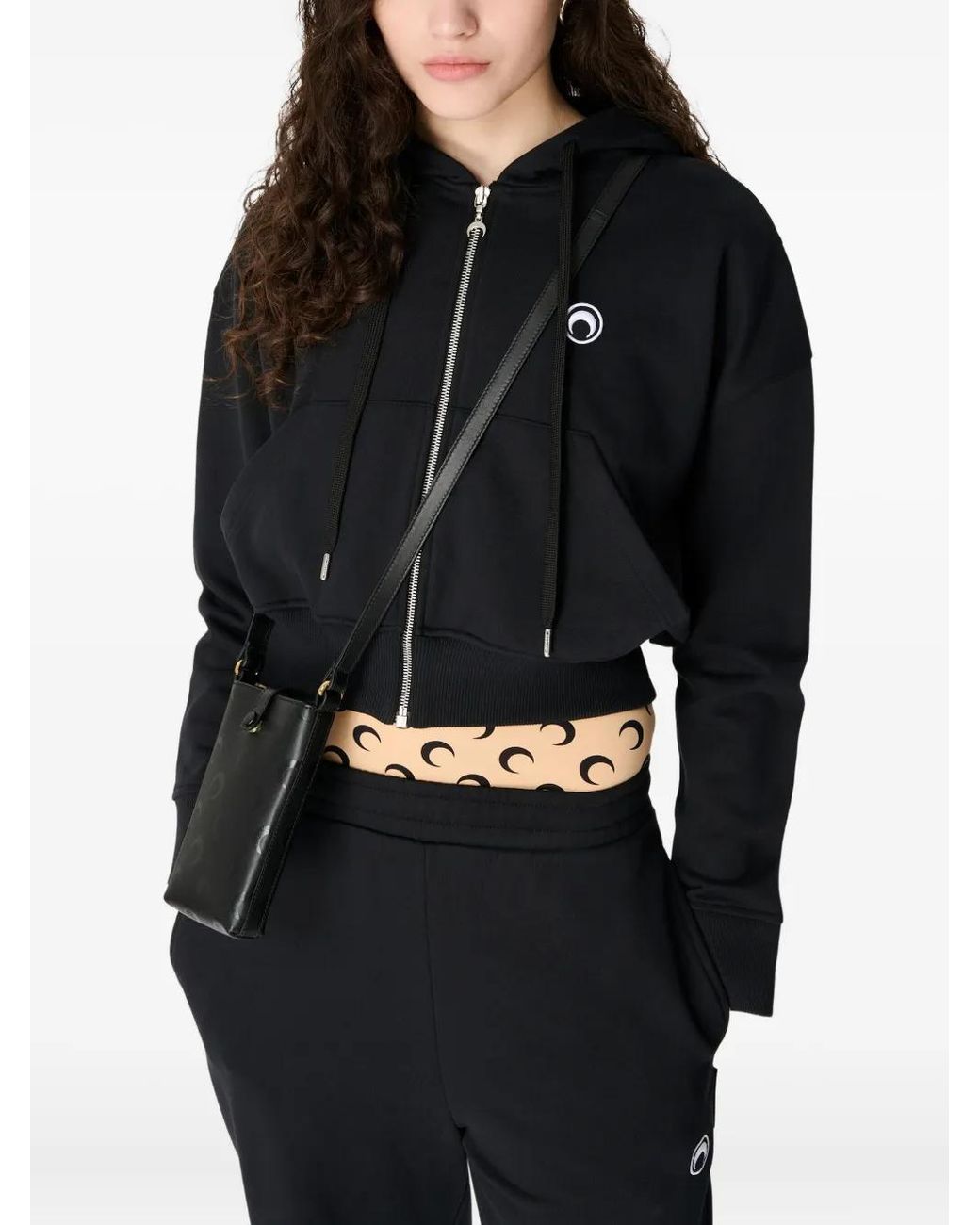 MARINE SERRE Black Moon Logo Fleece Cropped Zipped Hoodie