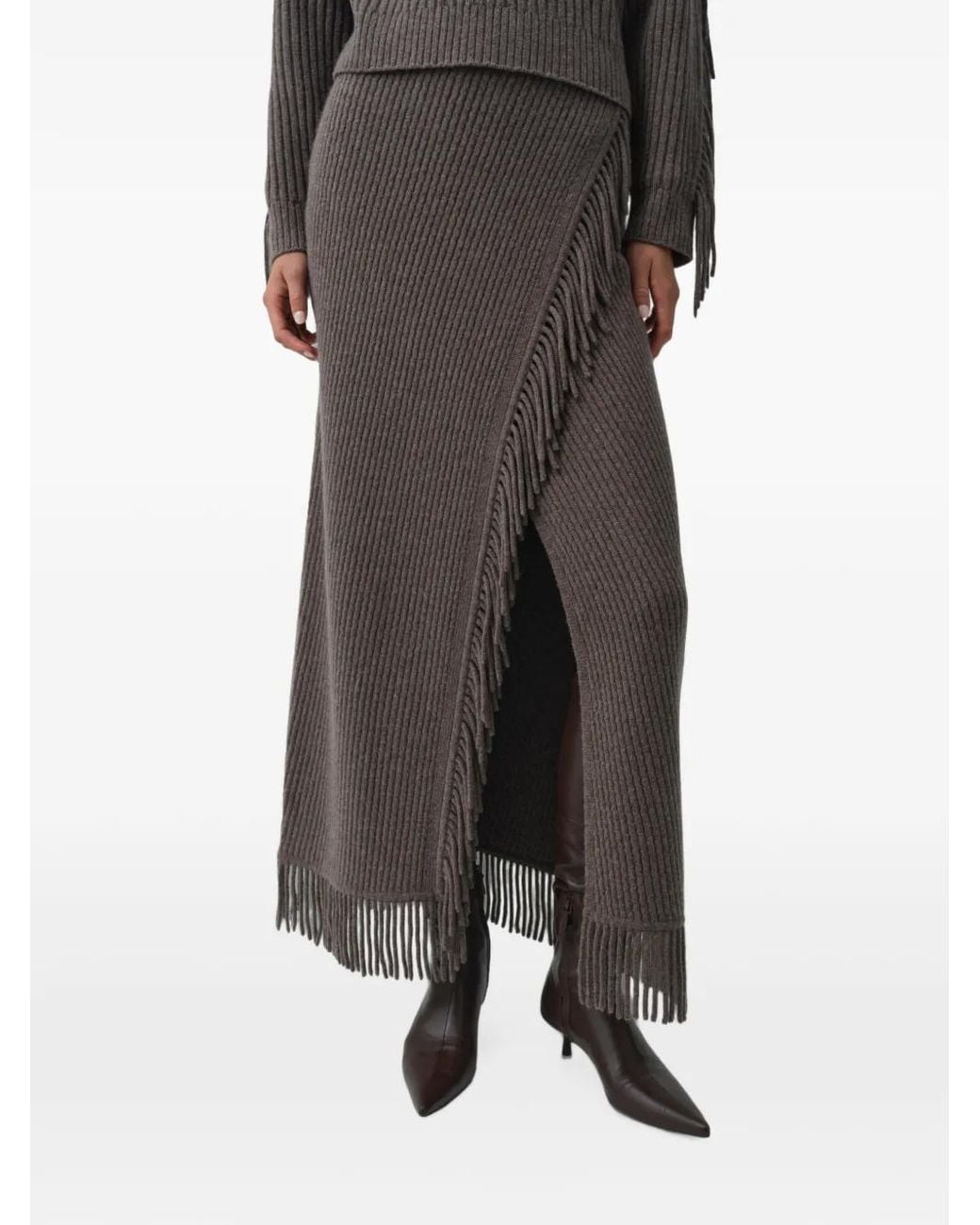 Jonathan Simkhai Brown Casey Fringe-Trim Faux-Wrap Midi Skirt