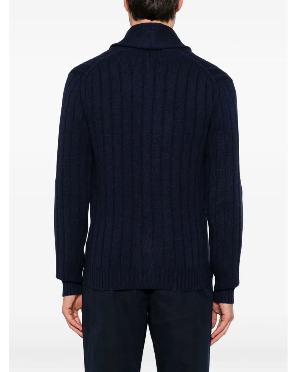 Brunello Cucinelli Blue Ribbed-Knit Shawl-Collar Cardigan for men