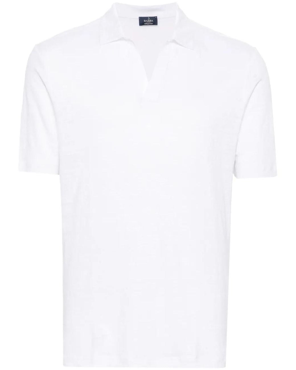 Barba Napoli White V-Neck Linen Polo Shirt for men