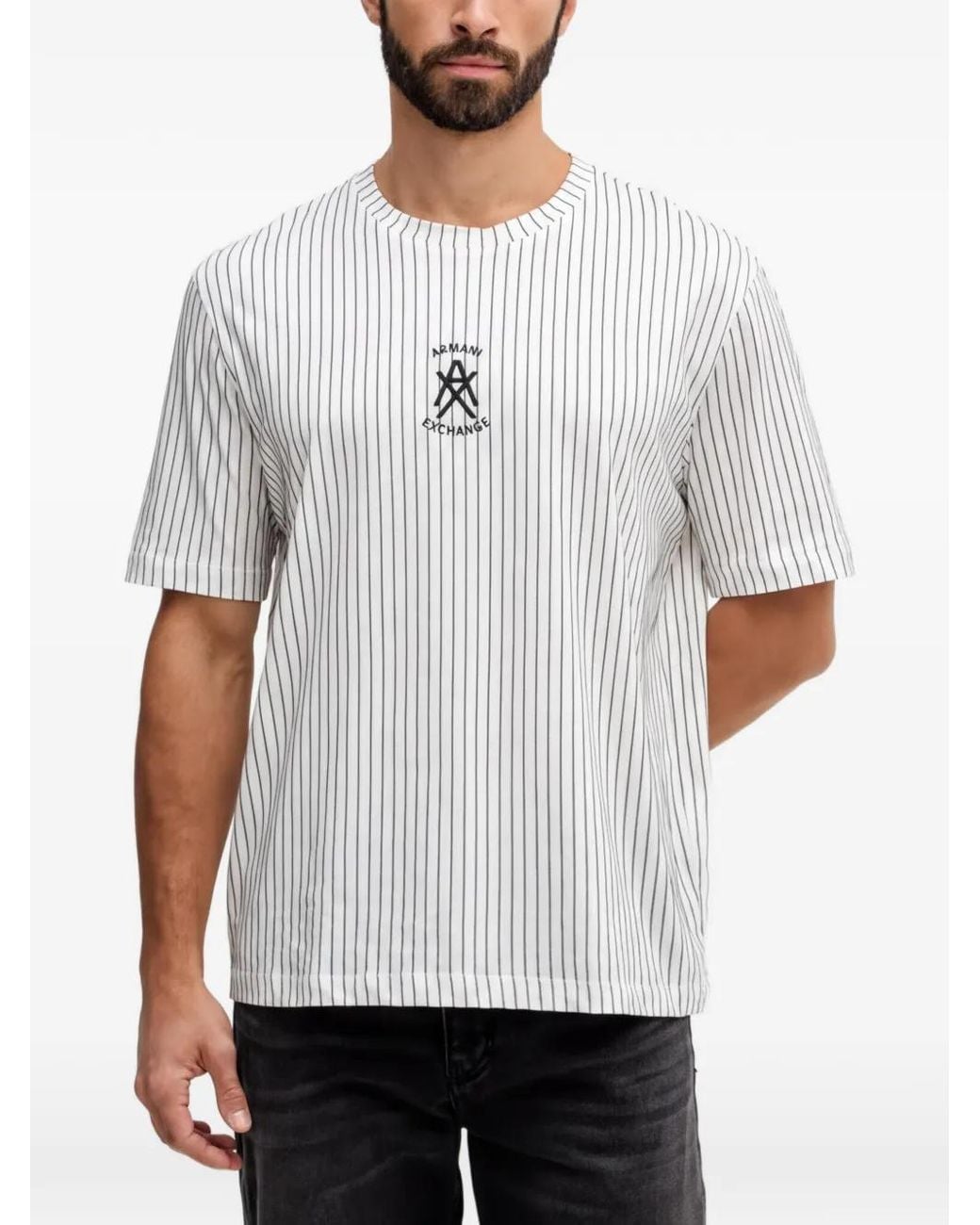 ARMANI EXCHANGE White Pinstriped Logo-Print T-Shirt for men