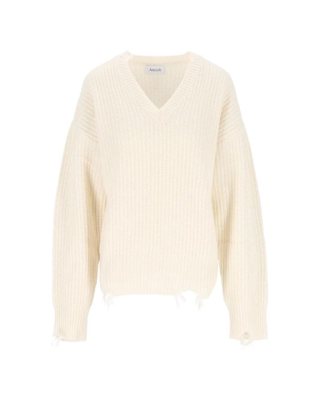 AMISH White V-Neck Distressed Jumper