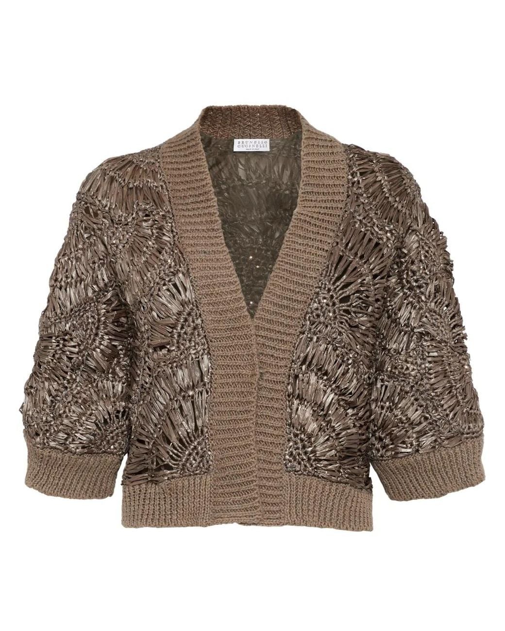 Brunello Cucinelli Brown Sequin-Embellished Knitted Cardigan