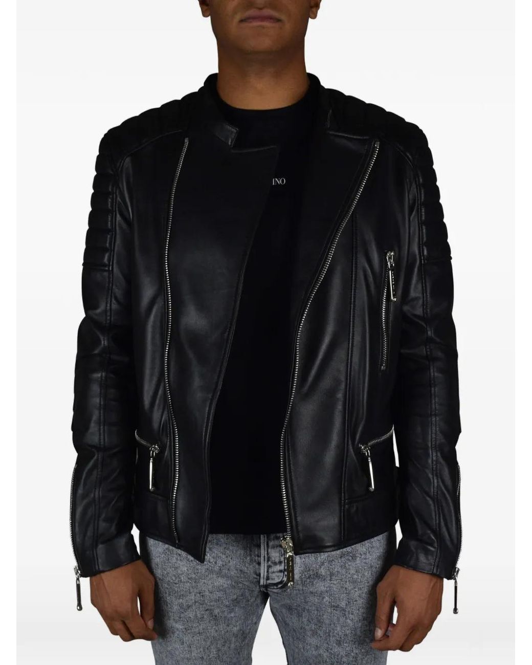 Philipp Plein Black Quilted Zip Biker Jacket for men