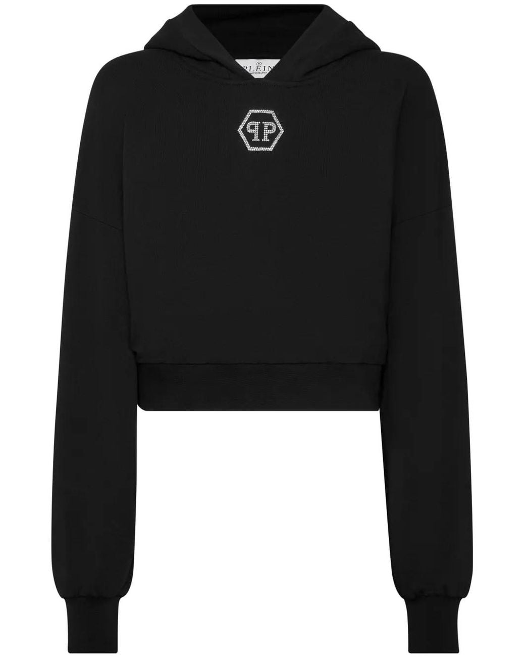 Philipp Plein Black Crystal-Logo Cropped Hoodie