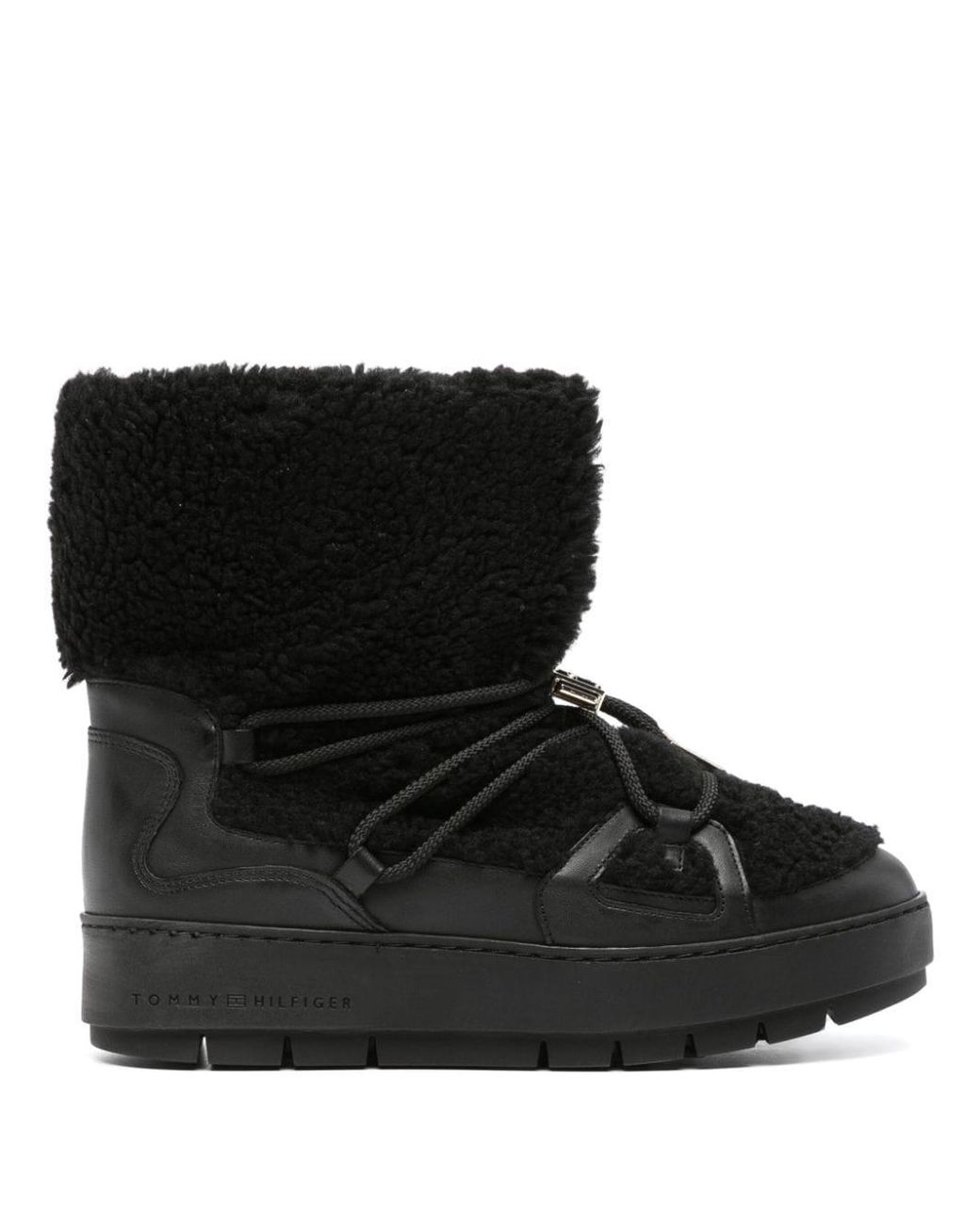 Tommy Hilfiger Shearling-trim Leather Snow Boots in Black | Lyst