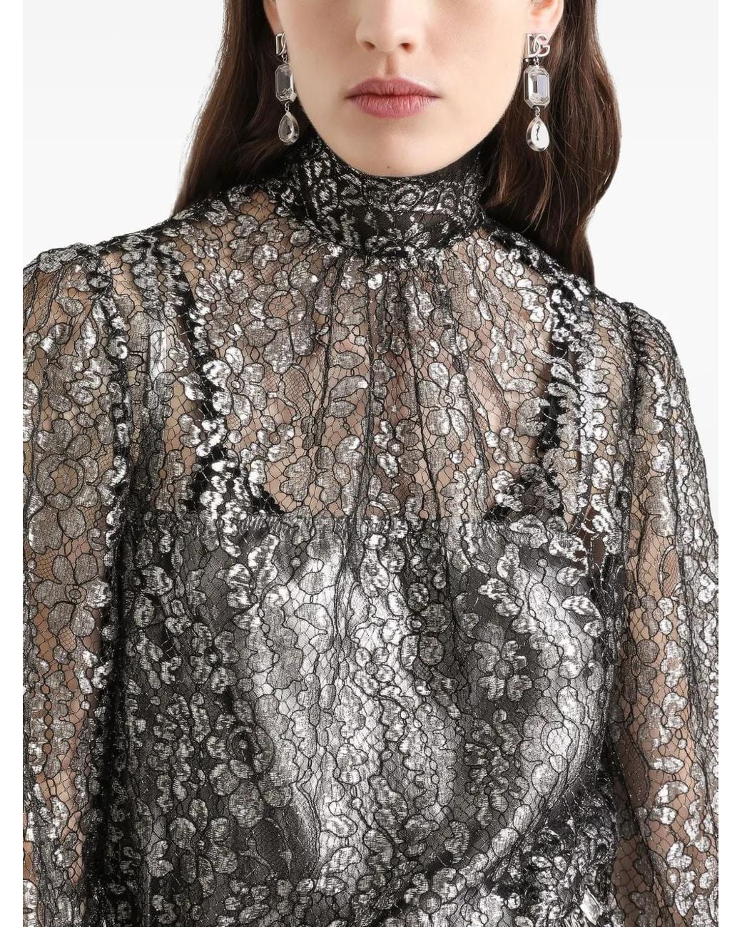 Dolce & Gabbana Gray Lamé Lace Blouse