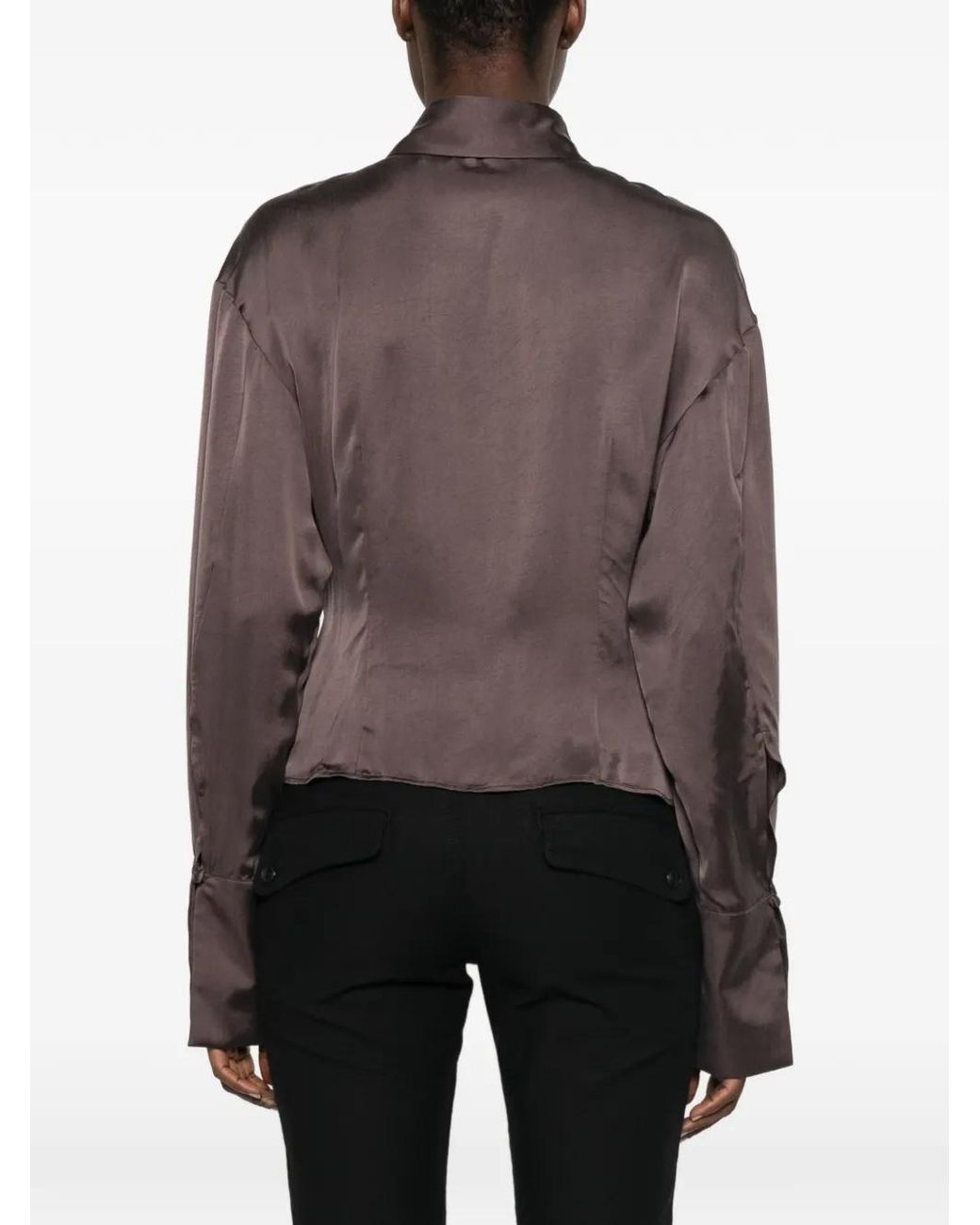 ANDAMANE Brown Lidia Satin-Finish Long-Sleeve Blouse