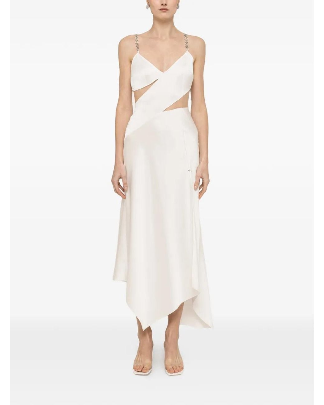 Nissa White Robe Mi-Longue À Bretelles Ornées De Cristaux