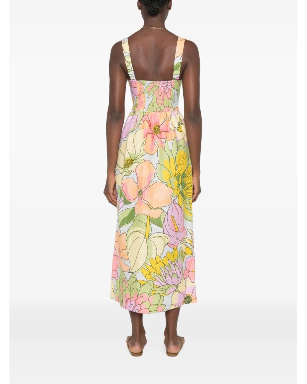 Farm Rio White Floral-Print Sweetheart-Neck Midi Dress