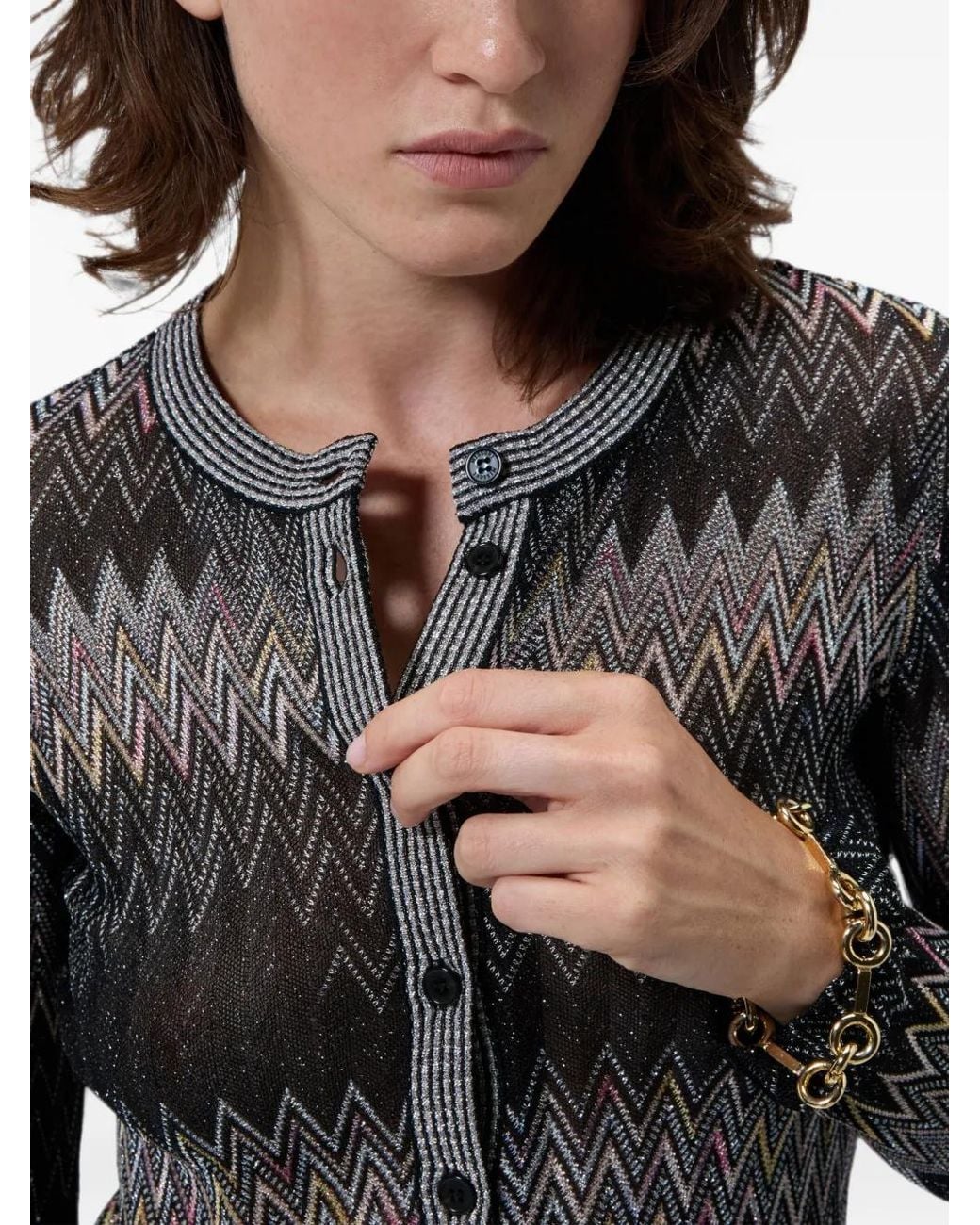 Missoni Black Viscose Lamé Chevron Crewneck Cardigan