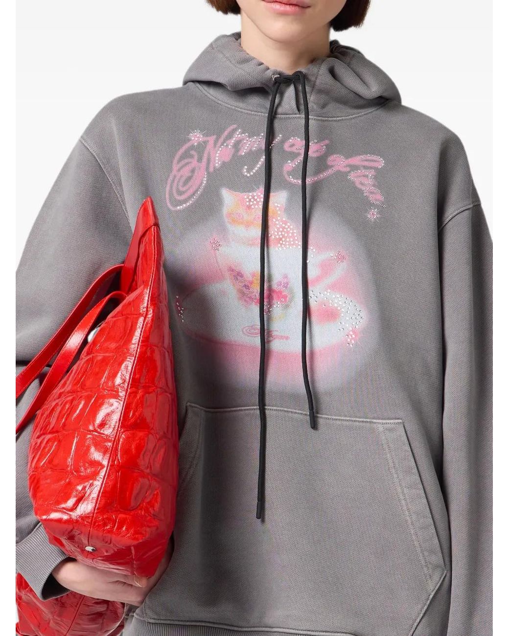 MSGM Gray Rhinestone-Embellished Graphic-Print Hoodie