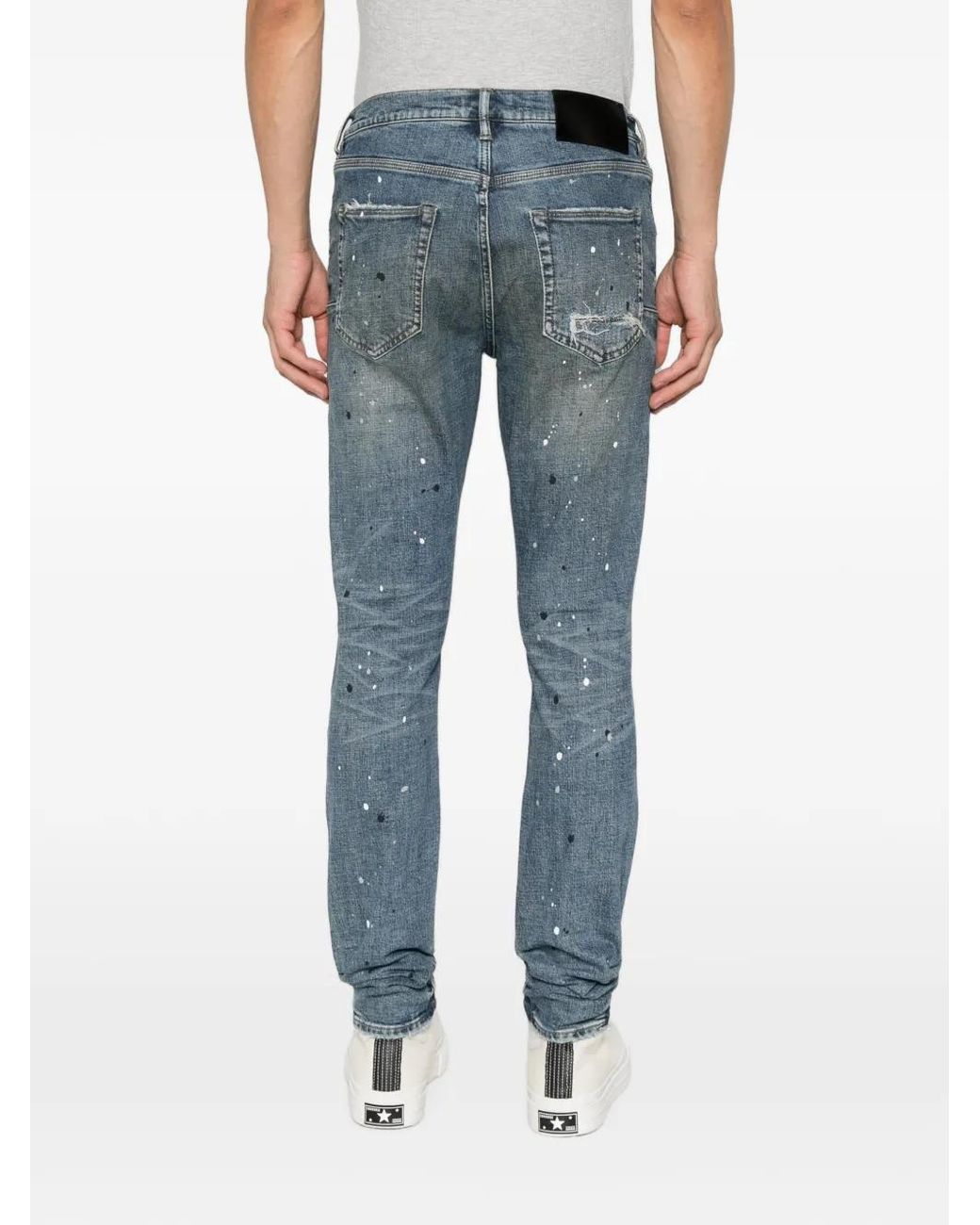 Purple Brand Blue Distressed Paint-Splatter Skinny Jeans for men