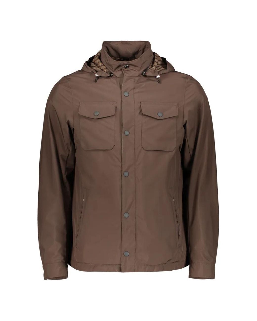 Moorer Brown Hooded Press-Stud Jacket for men