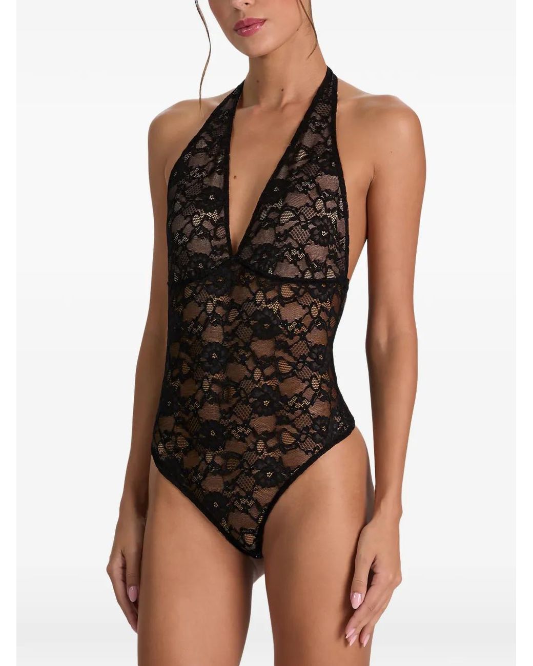 Alice + Olivia Black Lina Plunging V-Neck Halter Lace Bodysuit