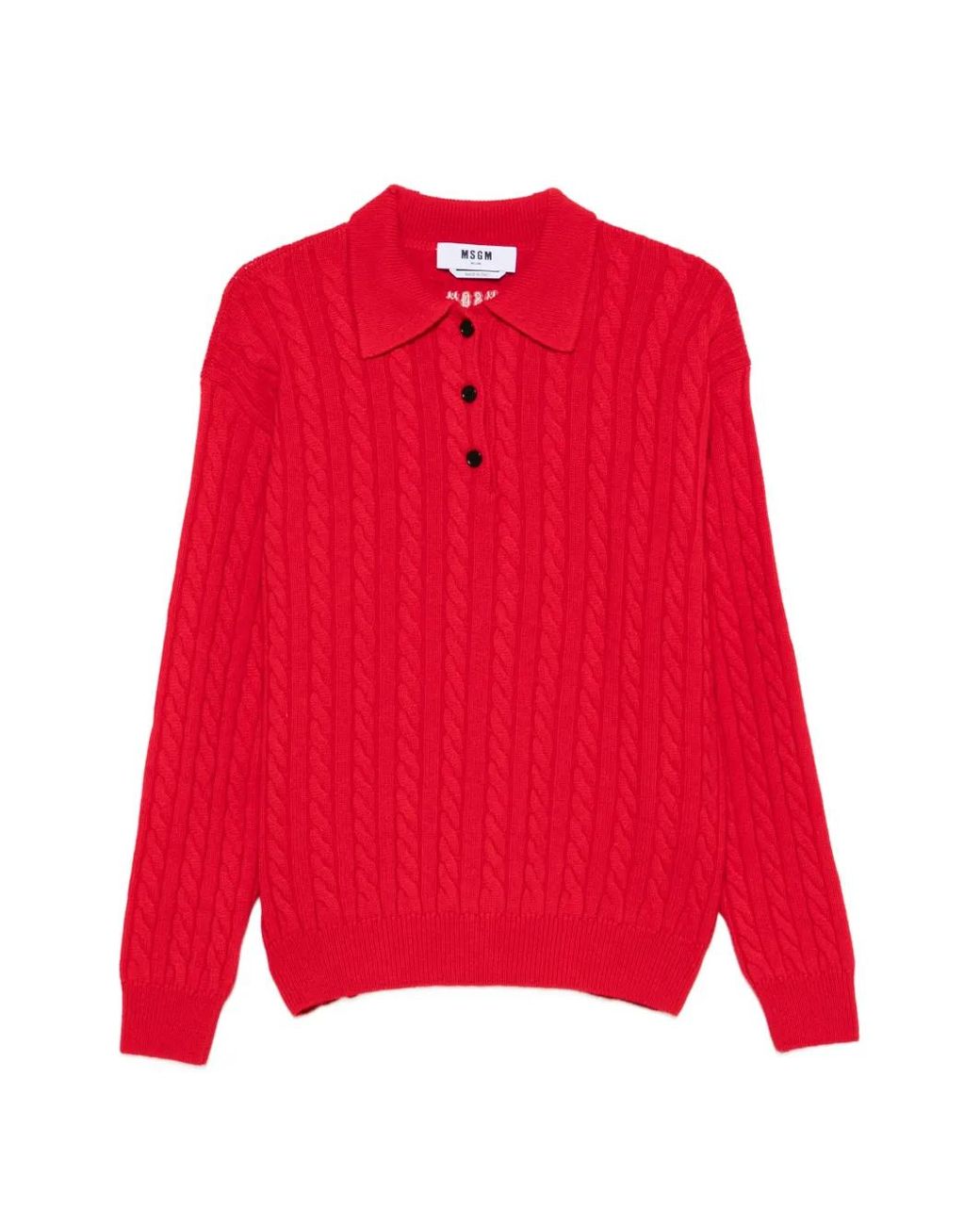 MSGM Red Cable-Knit Polo Sweater