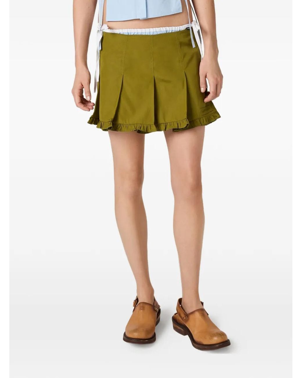 Miu Miu Green Poplin Pleated Miniskirt