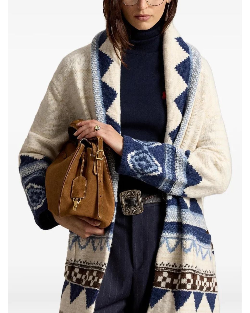 Polo Ralph Lauren White Geometric-Pattern Belted Cardigan