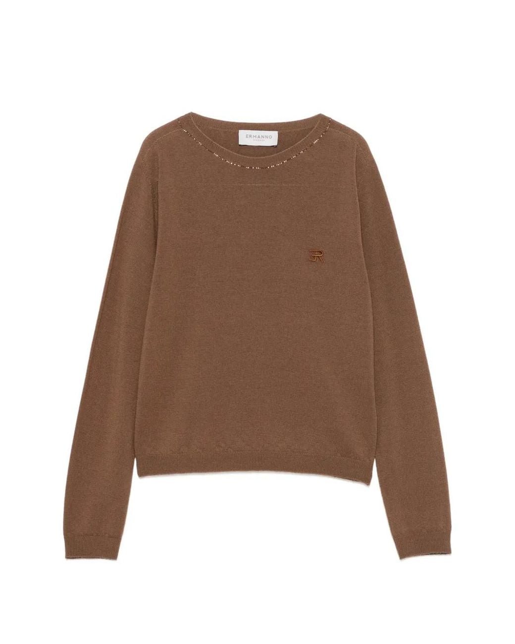 ERMANNO FIRENZE Brown Logo-Embroidered Bead-Embellished Sweater