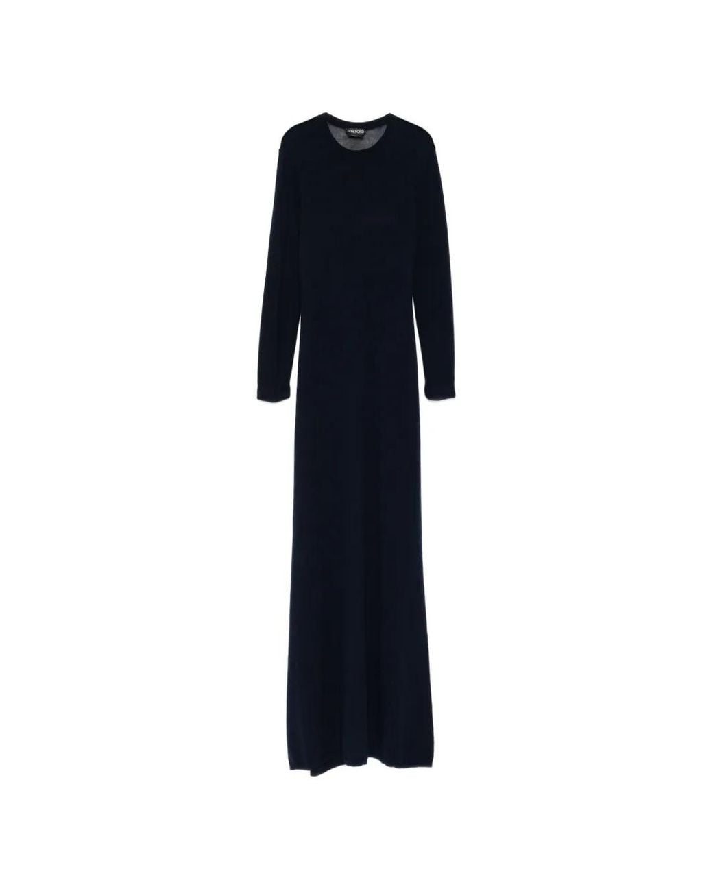 Tom Ford Blue Featherweight Long Sleeve Crewneck Dress With Sheer Back