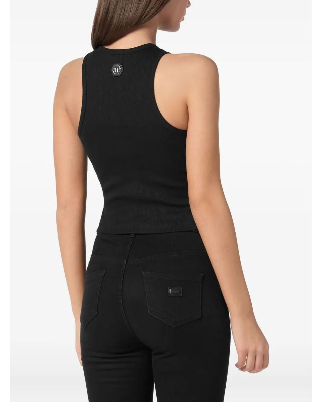 Philipp Plein Black Fringe-Detail Ribbed Crop Top By