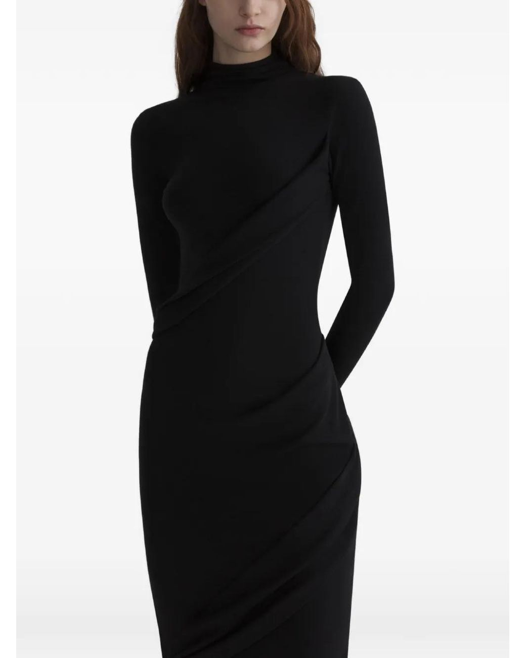 Mugler Black Spiral Draped Turtleneck Dress