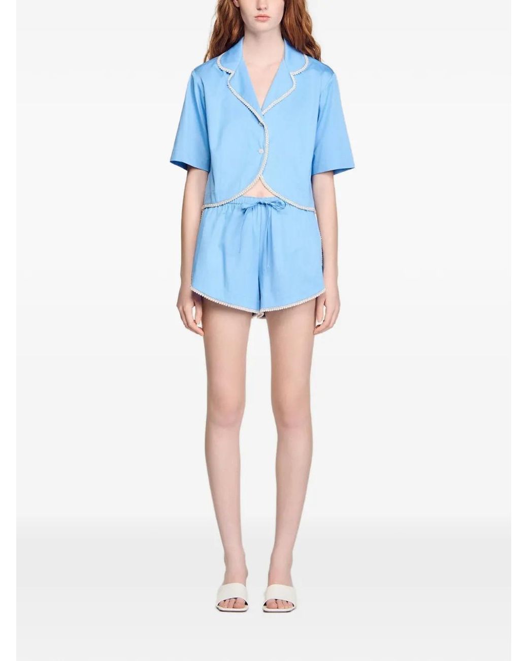 Sandro Blue Beaded Trim Cotton Shorts
