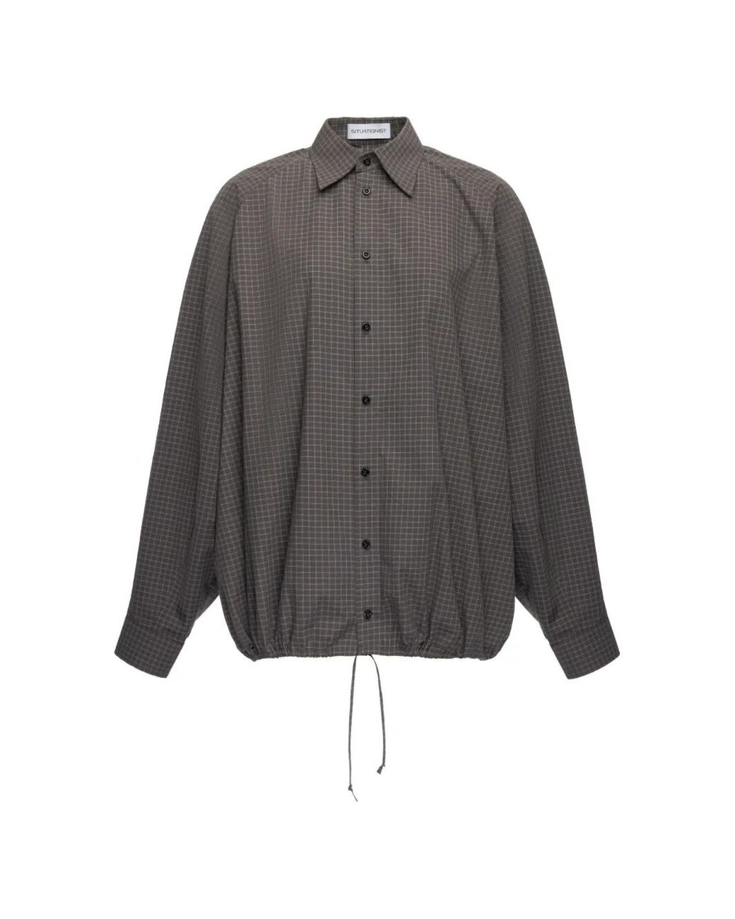 Situationist Gray Check-Pattern Drawstring-Hem Shirt