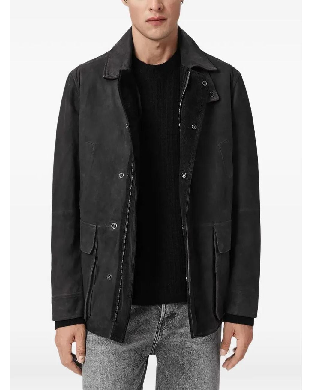 AllSaints Black Bolton Waxed Suede Coat for men