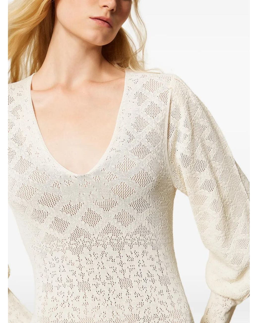 Twinset White Long Knit Dress With Floral Pattern