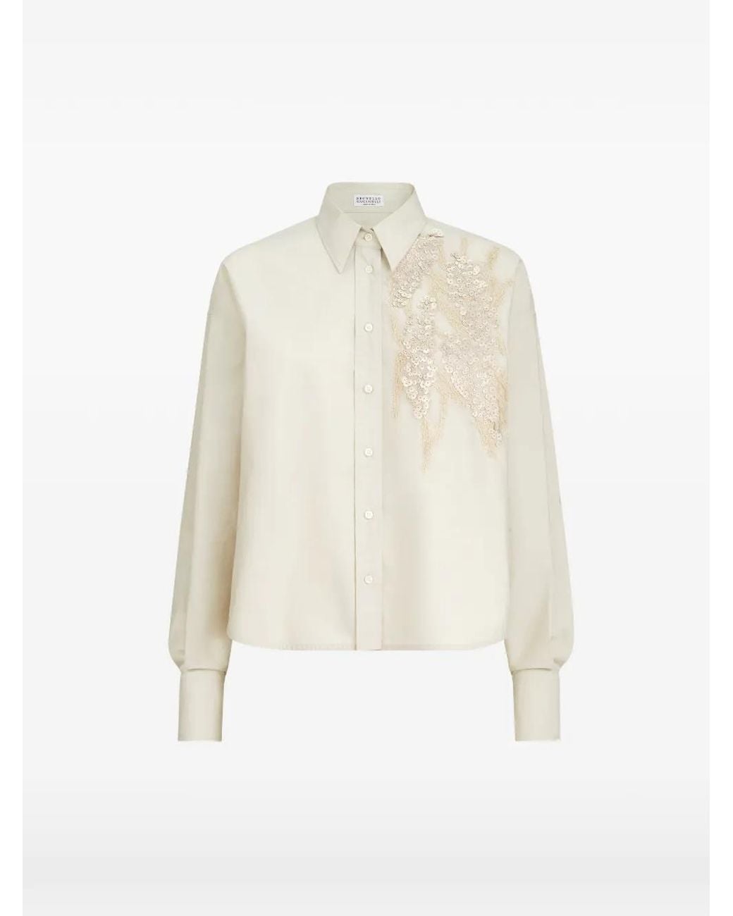 Brunello Cucinelli White Techno Cotton Poplin Shirt With Dazzling Seabed Embroidery
