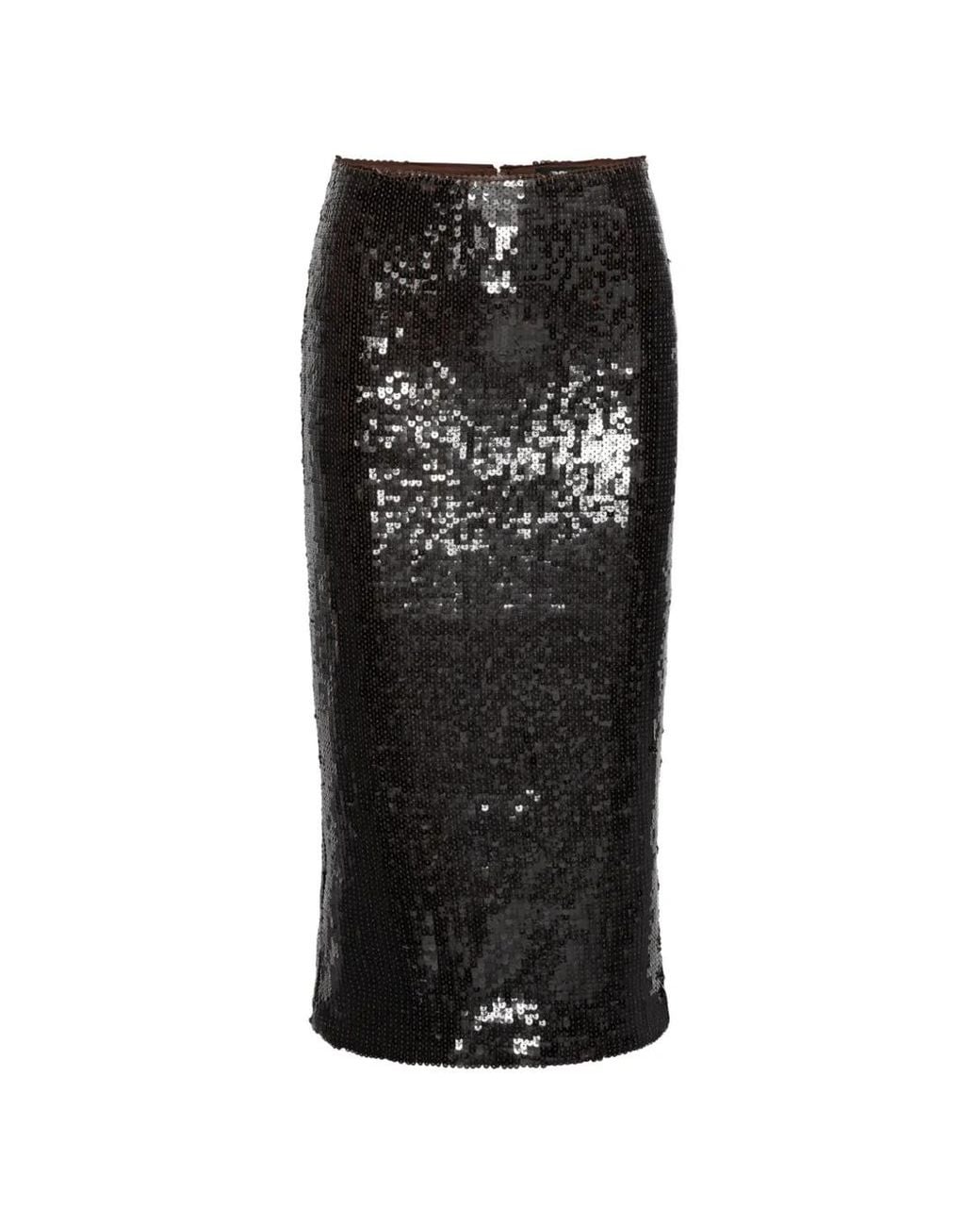 ROTATE BIRGER CHRISTENSEN Black Sequins Fitted Back-Slit Midi Skirt
