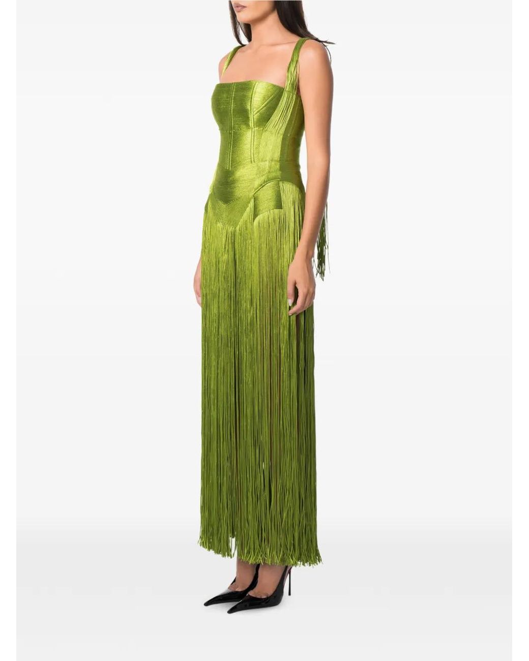 NORINA ST Green Swan Fringe-Trim Corset Maxi Dress