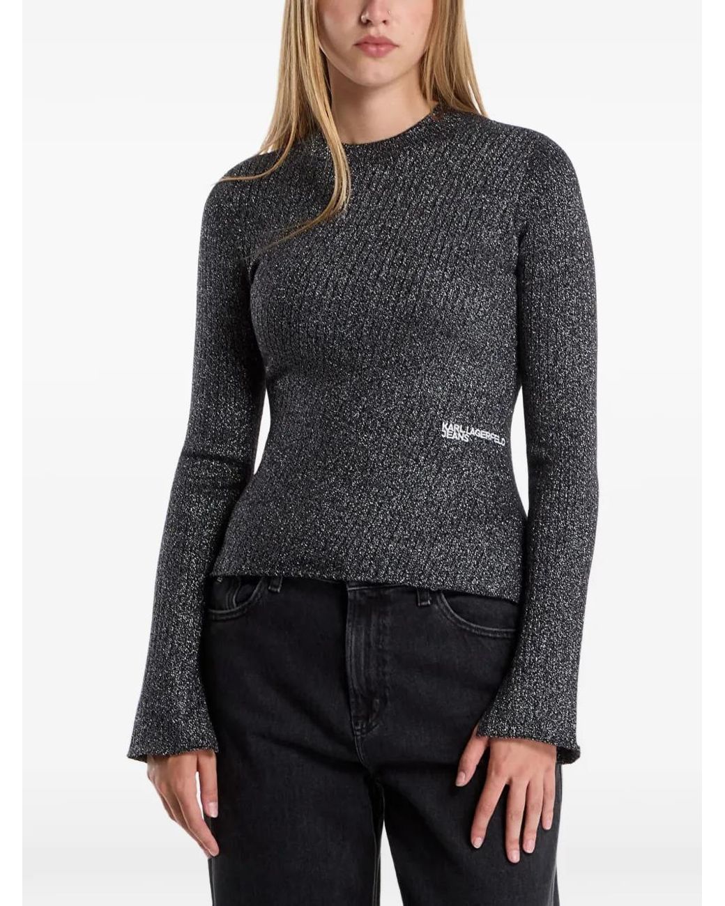 Karl Lagerfeld Black Ribbed-Knit Metallic-Effect Jumper