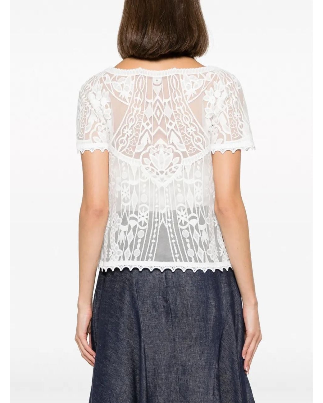 Gemy Maalouf White Square-Neck Lace-Embroidery Blouse