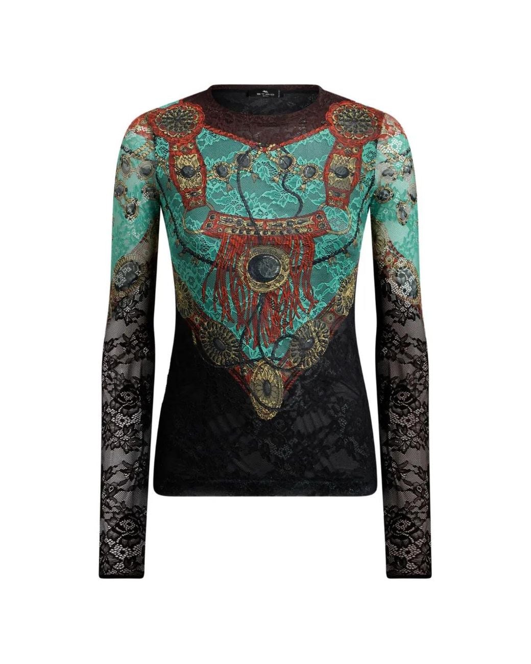 Etro Green Jersey Sweater With Lace And Placed Jewellery Print