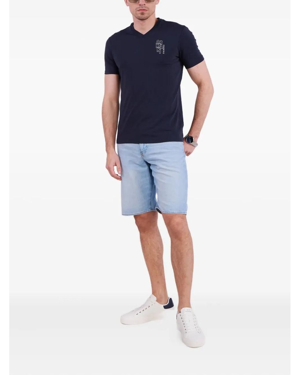 ARMANI EXCHANGE Blue Logo-Patch Denim Shorts for men